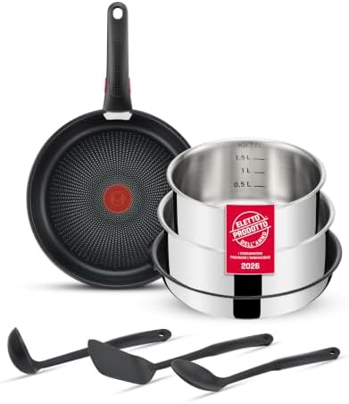 Lagostina Ingenio Inox, Set 8 Pezzi, Padelle con Rivestimento antiaderente e Casseruole in Acciaio Inox, con Manico Rimovibile, Salvaspazio, Adatto a Tutte le Fonti di Calore, Inclusa Induzione
