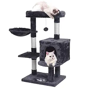 MQ Multi-Level Cat Tree Condo, Activity Center Cat Tower Furniture 36' with Sisal-Covered Scratching Posts, Padded Plush Perch, Spacious Cat Cave & Baske for Small Kittens Adult Cats (Smokey Grey)