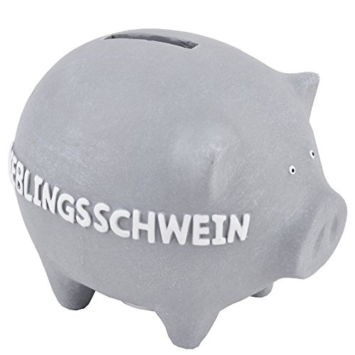Preisvergleich Produktbild Sparschwein mit Beschriftung Keramik grau Deko Dekofigur Geschenk (10x12x10cm)