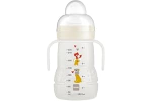 MAM | Biberon de transition 4+ mois (220 ml) Blanc – Biberon d'apprentissage avec 1 tétine débit 3 rapide + 1 bec anti-fuite – Biberon avec poignées ergonomiques pour apprendre à boire comme un grand