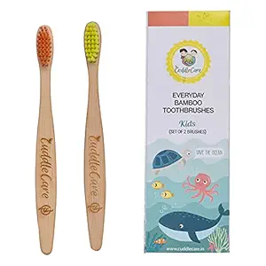 CuddleCare BambooToothbrushes antibacterial & Biodegradable, Orange & Yellow bristles Kids (Pack of 2)