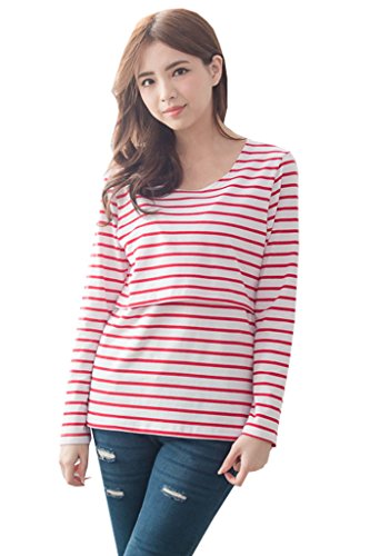 Bearsland Women's Striped Breastfeeding and Nursing Top - UK size 14-16 - Red/White