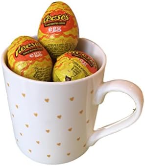 White Mug Small Gold Heart Gift Mug Chocablock full of Reeses Peanut Butter American Candy Chocolate Eggs Perfect for Valentines And Easter Gift by Zella