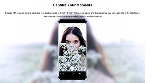 DOOGEE X55 - 5,5 pollici (rapporto 18: 9) HD Android 7,1 3G smartphone, Quad Core da 1,3 GHz 1 GB + 8 GB, fotocamera tripla (5 MP + 8 MP + 8 MP), 2800 mAh - Nero