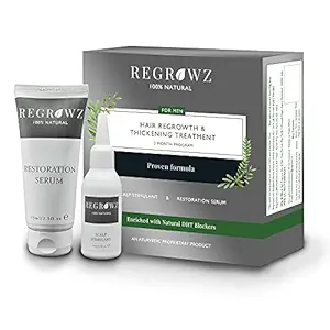 Regrowz Natural Hair product for Men, 3 Months Supply, Enriched with Natural DHT Blockers, Scalp Stimulant 75ml and Serum 75ml, Fragrance-Free