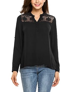 Beyove Damen Chiffon Bluse mit V Ausschnitt Langarm Lose Shirt Oberteil Tops mit Spitze