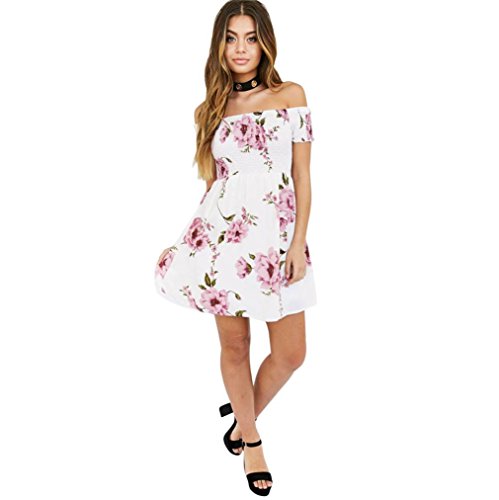 Damen Aus Schulter Minikleid, LILICAT Mode Frauen Blumen Strand Beiläufig Abend Party Kleid - 4