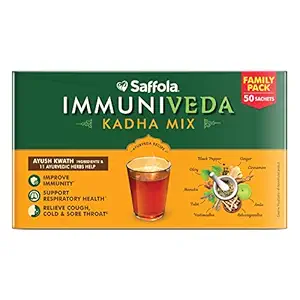 Saffola Immuniveda Kadha Mix - 100% Ayurvedic Kadha | Immunity Booster | Best relief from Cough and Cold with Ayush Kwath - Family Pack 200g (50 Sachets x 4g )