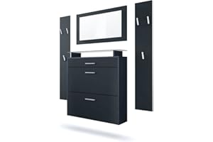 Vladon Garderobe Malea, Garderobenset bestehend aus 1 Hängeschuhschrank, 1 Wandspiegel und 2 Garderobenpaneele, Anthrazit matt/Schwarz matt