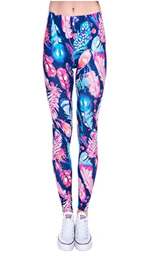 CHIC DIARY Legging Pantalon Longue Amincissant Comfort Sport Jogging Yoga Motif Multicolore Bigarré - Taille Unique(Plume imprimé bleu de ciel)