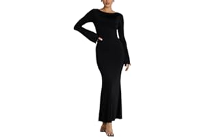 BKEPDY Vestito Donna Maniche Lunghe Sexy Maxi Abito Bodycon Elegante Vestito Lungo da Sera Tinta Unita Nero Abito da Festa Abito da Cocktail