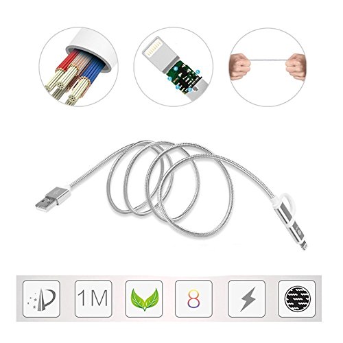 2 in 1 Ladekabel USB Lightning, HUNDA 1M Nylon umflochtenes Lightning Ladekabel [Apple MFi zertifiziert] für iPhone 7/7 Plus SE 6S/6S Plus 6/6 Plus, 5S/5C/5 , iPad Air 2, iPad Mini 3 (Grau) - 4