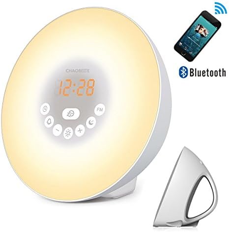 Wake Up Light Alarm Clock Touch Control FM Radio Alarm Clock /Digital Alarm Clock /Light Alarm Clock /Nightlight /Bedside Light/Bluetooth Speaker With Snooze Function 7 Natural Light 6 Natural Sounds 10 Brightness (15 LED + Bluetooth)
