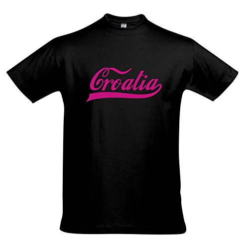 T-Shirt Kroatien Oldschool Croatia LÄNDERSHIRT EM / WM FAN Trikot S-XXL , Deep black – pink , XXL