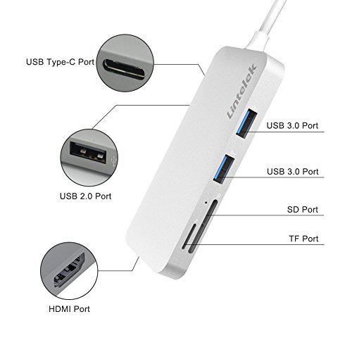 Hub USB, Lintelek 7 en 1 Tipo C Hub con HDMI Puerto, USB-C Puerto Carga, 2 USB 3.0 & 1 USB 2.0 Puertos, TF & MicroSD Card Reader, para MacBook Pro 2016/2017 y más dispositivos con USB Tipo C, Plata