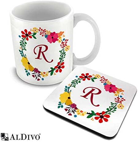 alDivo Alphabet Designed Letter R Printed Combo Gift Pack of Ceramic Coffee Mug 330 ml + Printed Coaster