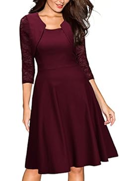 Miusol Damen Abendkleid Elegant Cocktailkleid Vintag Kleider 3/4 Arm mit Spitzen Knielang Party Kleid Weinrot...