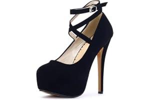 POOREVILL Womens High Heel Ankle Strap Platform Pump Wedding Evening Party Court Shoes