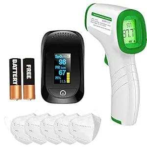 DR VAKU 3in1 Combo of Swadesi Econ Non-Contact Infrared Digital Forehead Thermometer, Professional Pulse Oximeter Fingertip with Perfusion Index and 5x KN95 Face Mask