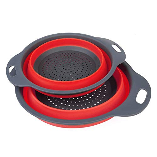 Plegable escurridor, 2 unidades de goma plegable cesta de filtro Set para ahorro de espacio, colador de cocina para alimentos, frutas, verduras (Rojo)