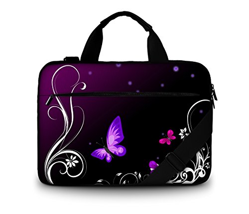 Luxburg® - Bolso acolchado con bandolera para ordenador portátil, bolsa de hombro multifuncional mariposas moradas 15,6 pouces