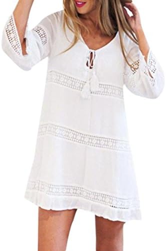 Summer Dress Petticoat, Manadlian® Women Summer Three Quarter Sleeve Loose Lace Boho Beach Short Mini Dress (Size XL= UK M/L, white)