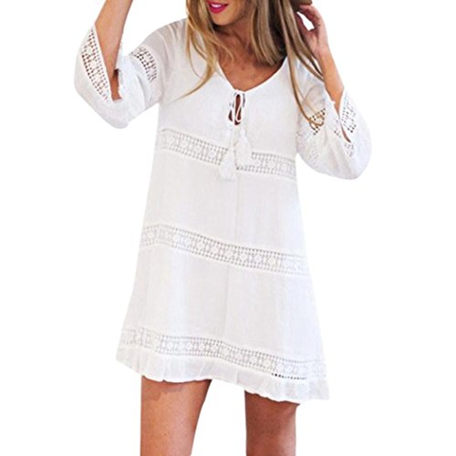 Summer Dress Petticoat, Manadlian® Women Summer Three Quarter Sleeve Loose Lace Boho Beach Short Mini Dress (Size XL= UK M/L, white)