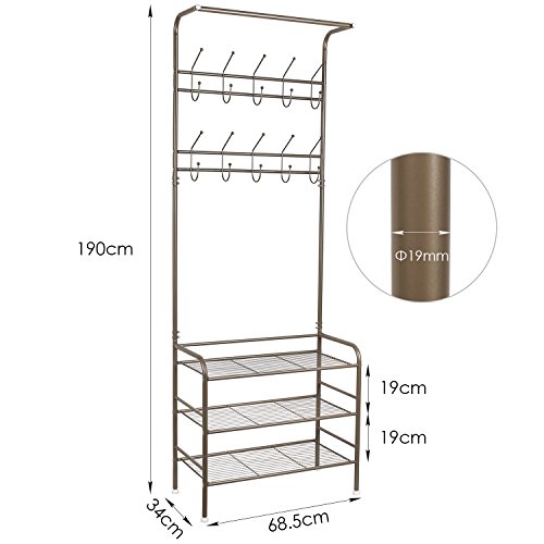 HOMFA Kleiderständer Schuhregal Garderobenständer Garderobenhaken Flurgarderobe Garderobenmöbel 3 Ablagefächer Schuhablagen mit 20 Haken,68.5x34x190cm(Champagnerfarbe) - 2