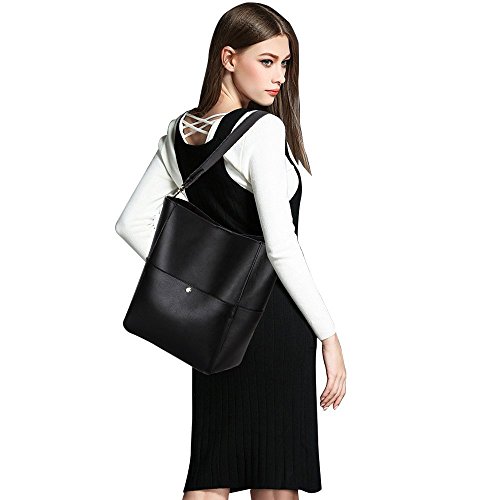 S-ZONE Frauen Farbblockierung Echtes Leder Schulter Beutel Handtaschen  Schwarz 
