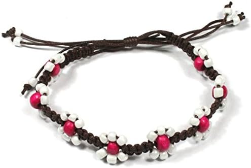 Gower Coast CraftsHandmade Macrame Flower Adjustable Pink Bead Surf Anklet with Brown Waxed Cotton Cord