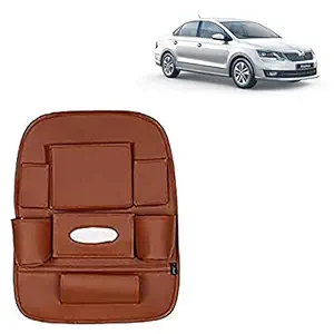 RD Universal PU Leather Car Auto Seat Back Organizer Multi Pocket Travel Storage Bag with Hangers, Tissue Paper and Bottle Holder-Tan Colour Compatible for Skoda Rapid