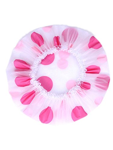 Moolecole Women's Waterproof Transparent Lace Shower Cap Polka Dots Bathing Cap Spa Shower Hat Pink