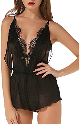Sexy Lingerie Set Women's Ronamick Muslin Negligee Lingerie Fashion Women Sexy Bow Lingerie Uniforms Temptation Sexy Underwear Siamese Nightdress, Black , XL