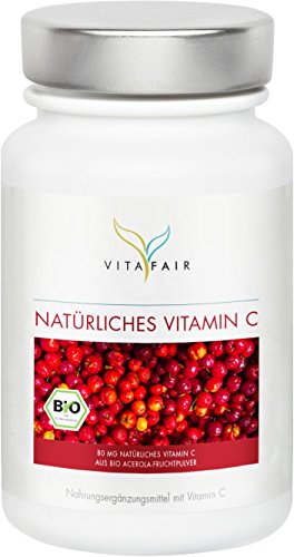 Preisvergleich Produktbild Vitamin C - 80mg / BIO Qualität / Aus 450mg Bio-Acerolafruchtpulver / Hochdosierte Bioflavonoide / 180 Kapseln / Vegan / Ohne Magnesiumstearat / Made in Germany