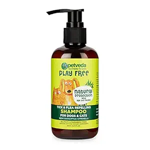 PETVEDA Ayurvedic Tick & Flea Repellent & Itch Relief Sulphate Free Shampoo with Eucalyptus & Citronella Oil for Healthy Skin, Coat, Fur & Hair| for Dogs & Cats | Sulphate & Paraben Free (200 ML)