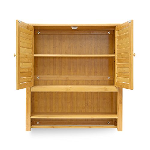Relaxdays Hängeschrank LAMELL Bambus H x Bx T: 66 x 60 x 20 cm Badschrank zum Hängen mit Handtuchhalter Badezimmerschrank mit 2 Türen und Regalfach Bad Schrank als Oberschrank Badhängeschrank, natur - 5