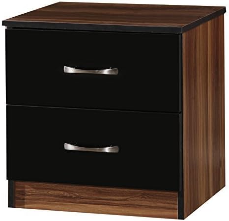 MARINA 2 DRAWER BEDSIDE CABINET TABLE ULTRA HIGH GLOSS WOOD EFFECT CARCASS (BLACK GLOSS &amp; FRENCH WALNUT)