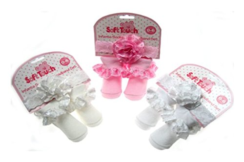 Baby girls Dainty headband & socks set for 0-6months by soft touch (White)