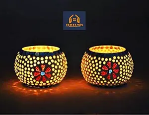 TRIOHOMES Mosaic Glass Candle Votive T Light Holder Home Decor Lighting with Tea Light (White) Set of 2 Attractive Look - Home Decoration, Dining Table, Diwali, Christmas, Hotel, Party, Room