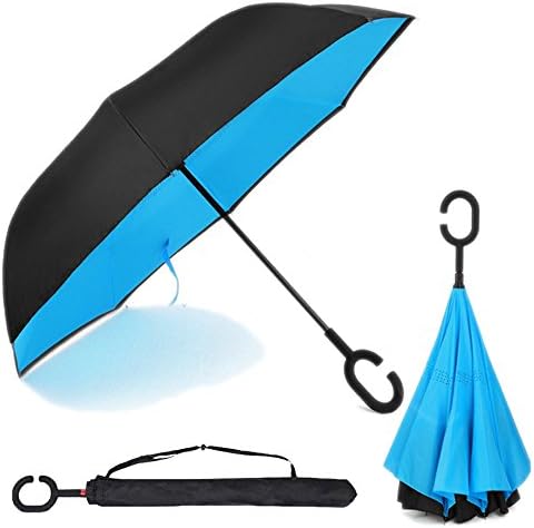 Parasols Sky Double Layer C Shape Handle Upside Down Inverted Folding Fashion Style Reverse Umbrella (Light blue)