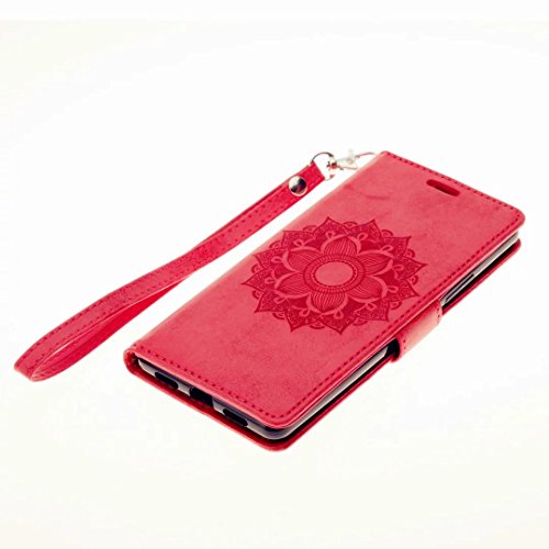 MUTOUREN Portemonnaie Handyhülle für Huawei P9 Lite Bookstyle Gürtelhändytasche Brieftasche PU Leder Wallet Case Cover Schutzhülle Hülle Etui mit Standfunktion Magnetverschluß Card Slots Kratzfeste Anti-scratch Premium Ledertasche Gepresste Blumen Indische Sonne Mandala Rot + Bleistift Touch Pen - 3
