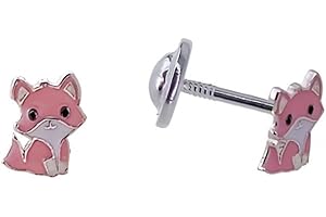 MINOPLATA Pendientes infantiles zorro de Plata de ley 925 con cierre rosca seguridad
