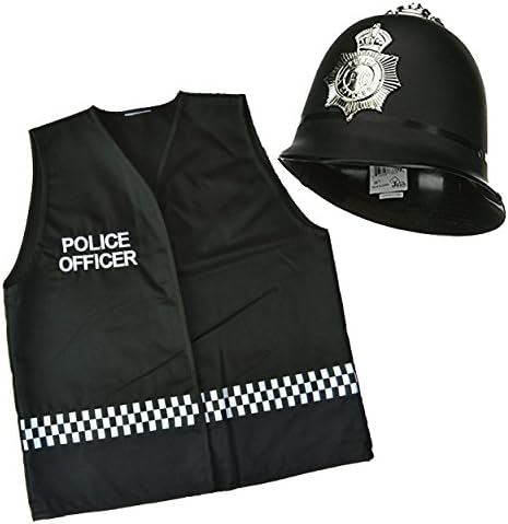 2 PC Police Officer Costume Helmet Waistcoat Bobby Cop PC Fancy Dress Book Day