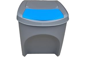 Stolmet 25L Stackable Recycling Bin (Brand KrysGo) - Customizable Lid Colours with Recycling Stickers - Durable Waste Sorting Solution for Home and Office (Grey + Blue)