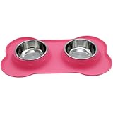 Fressnapf mit zwei Edelstahl-Futternäpfen, Doppel-Hundenapf mit Non-Spill Rutschfester Knochenform Gummimatte, Wasser & Lebensmittel für Hunde, Katze und kleine Haustier (s, pink)
