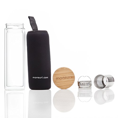 Monsuri 450ml doppelwandige infuser Trinkflasche glas für Tee Aufguss und Frucht infundiert Wasser mit einem Bambusholz-Deckel, einer Neopren Schutzhülle und einem einzigartigen, trennbaren 2 in 1 Edelstahl-Sieb. Tragbare, kompakte und wiederbefüllbare Isolierflasche, Teebereiter to go, Thermobecher mit teesieb, Infusion Bottle, groß tee-glas, Teekanne für losen Blatt-Tee, Früchtetee, ätherisches Öl, Eistee, Kaffee, einen Smoothie, oder eine Detox-Diät - 9