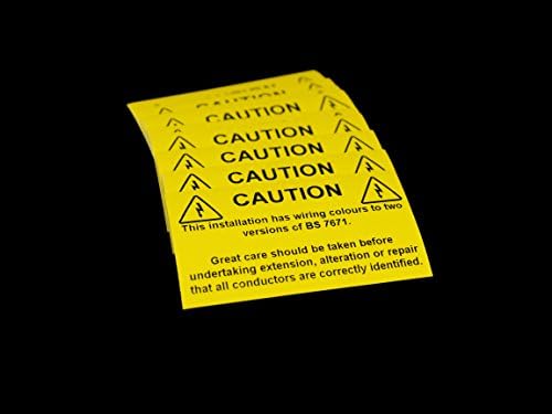 Pack of 10 Electrical Safety Labels/Stickers. Printed On Yellow weather resistant Vinyl Material with a Permanent Adhesive. 76mm x 38mm (Wiring Colours To Two Versions of BS 7671)