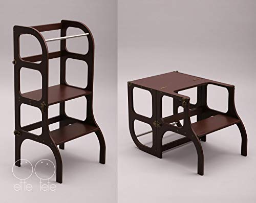 Torre di apprendimento, Montessori furniture Learning tower - table, chair Step'n'Sit, toddler Kitchen helper Step stool - dark BROWN color/antique BRASS clasps