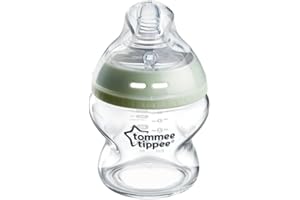 Tommee Tippee Closer to Nature Glass Baby Bottle, Slow Flow Breast-Like Teat with Anti-Colic Valve, 150ml, Pack of 1, Clear