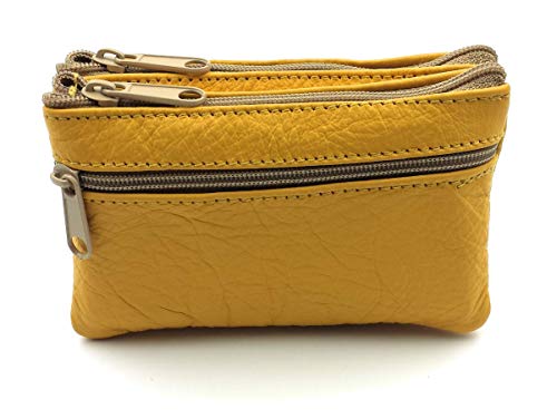 FJR-ArtPiel - Monedero, tarjetero doble bolsillo con 3 cremalleras y llavero interior Piel Ubrique - Alta Calidad - Amarillo
